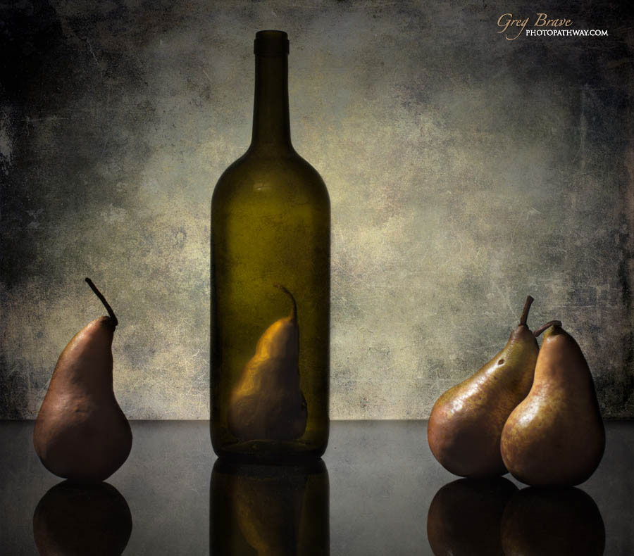 Still life with bottles and pears in color by greg brave