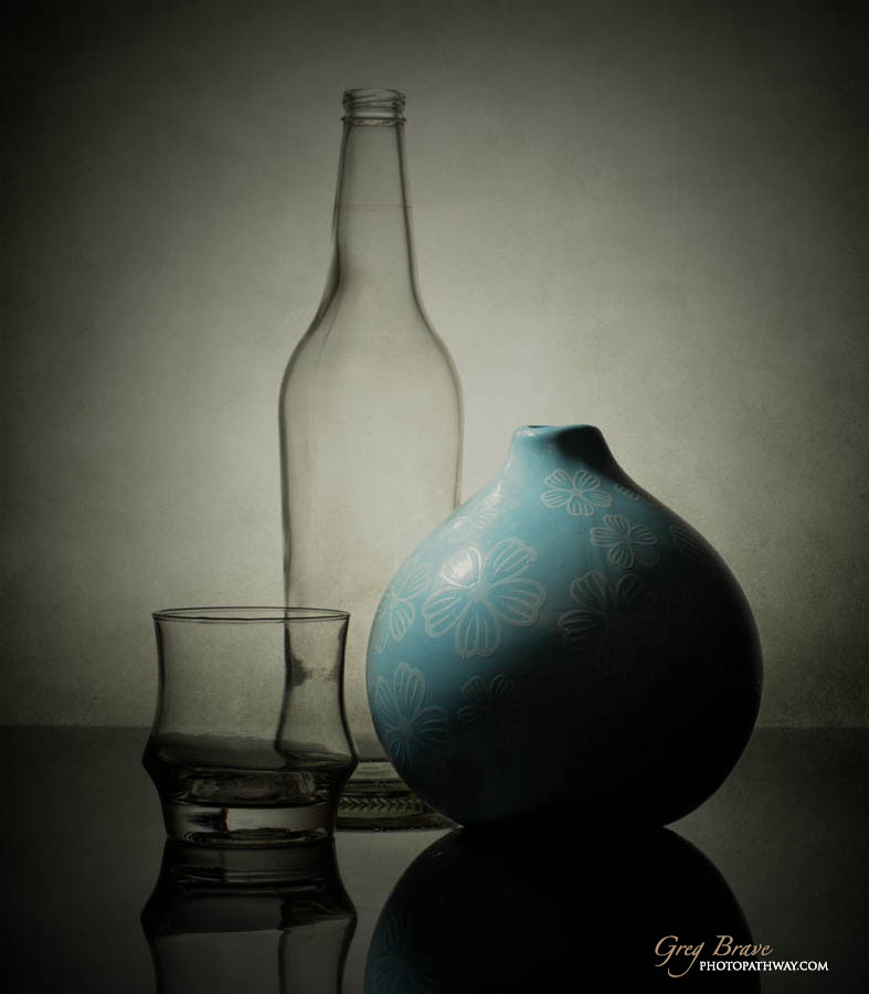 Still life with bottle and vase in color by greg brave