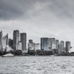 Skyline of Sydney CBD with Opera House in black and white