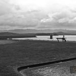 Person sitting on a bench in Cardinia Reservoir Park in black and white. Melbourne Australia