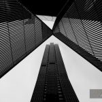 Melbourne CBD architecture - metal scultpture and skyscraper in black and white