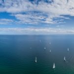 Aerial panorama of many sailboats sailing in Port Phillip Bay on Mornington Peninsula. Melbourne, Victoria, Australia