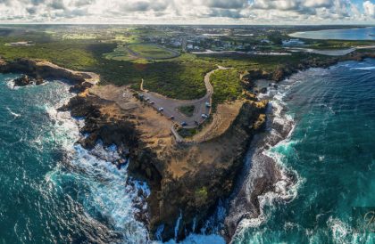 Aerial panorama of Thunder Point lookout and Warrnambool, Victoria, Australia