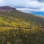 Aerial panorama of mountains and forest above Highland Lakes Road, Liffey, Tasmania, Australia