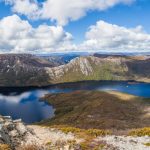 Dove lake panorama and Cradle Mountain on bright sunny day. Cradle Mountain National Park, Tasmania, Australia