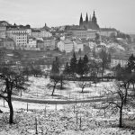 Winter in Prague - snow, bare trees and St. Vitus Cathedral in the distance