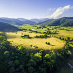 Aerial landscape of Australian countryside at sunset.