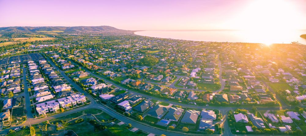 Aerial view of the beautiful Mornington Peninsula suburbs at sunrise. Melbourne, Australia