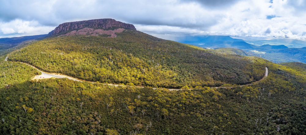 Aerial panorama of mountains and forest above Highland Lakes Road, Liffey, Tasmania, Australia