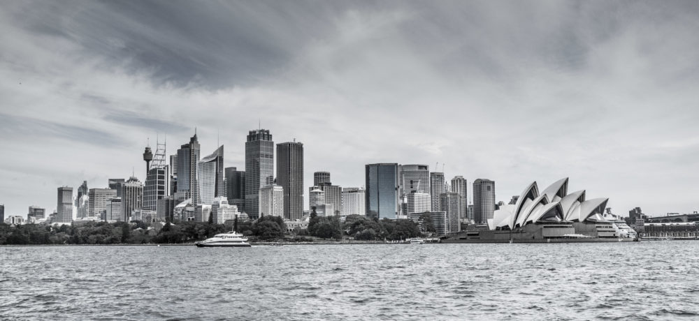 Skyline of Sydney CBD with Opera House stylized in black and white stylized in black and white