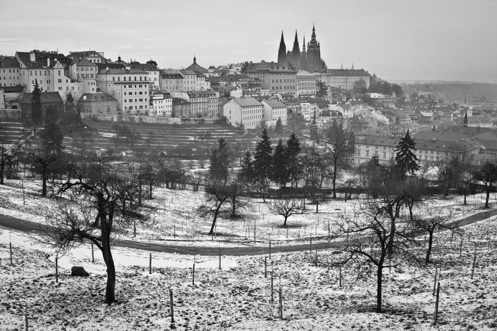 Scenic winter landscape of Prague in black and white